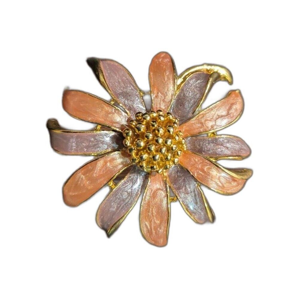 Gold-Tone Enamel Flower Brooch Pin Multicolor Petals & Beaded Center